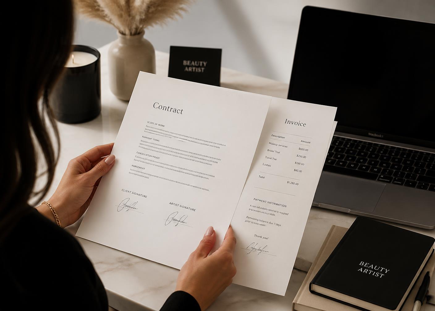 Beauty professional reviewing a signed contract and invoice