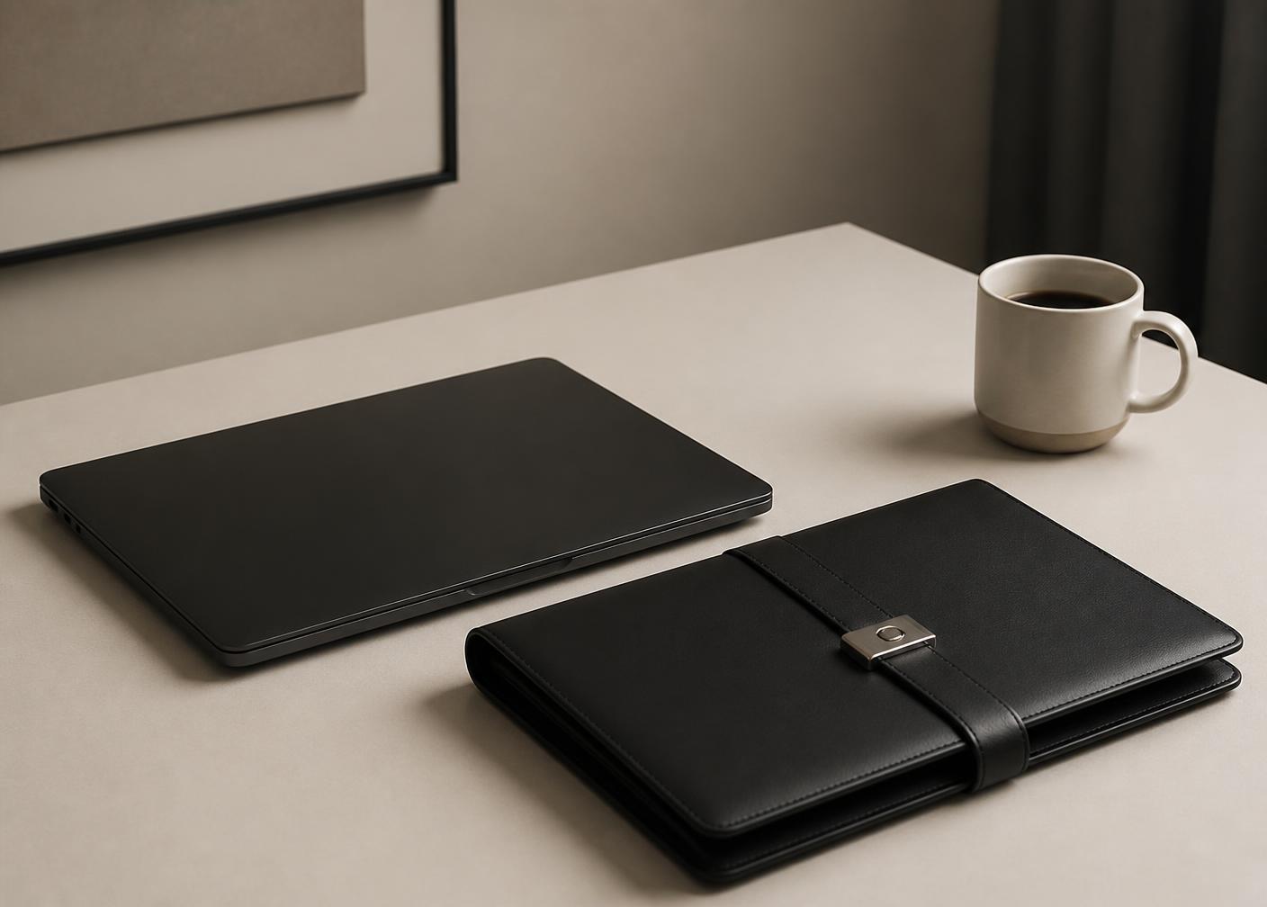 A closed laptop and locked leather portfolio on a warm white desk